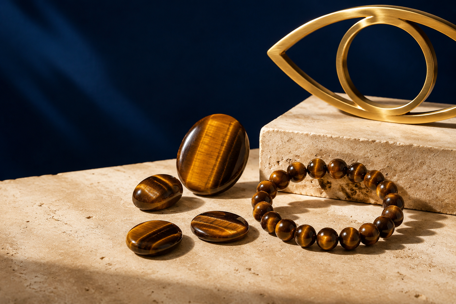 Bracelet et cabochons en œil de tigre présentés comme talisman moderne avec motif d’œil contemporain