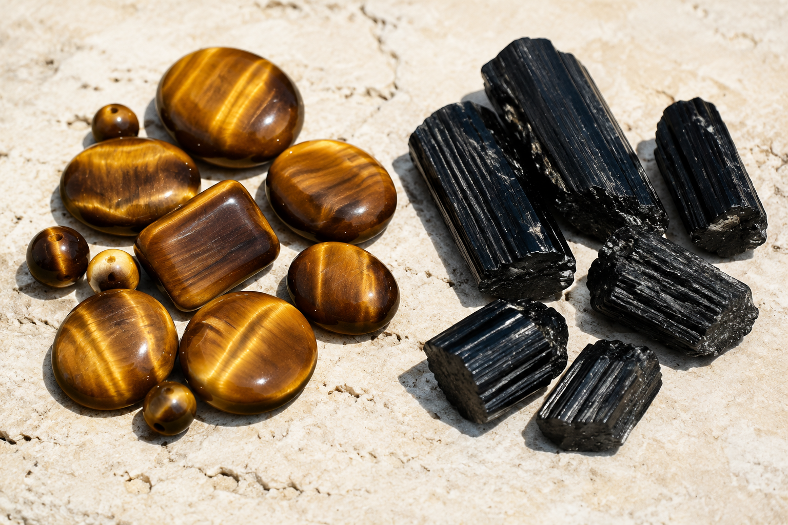 Œil de tigre chatoyant et cristaux de tourmaline noire comparés côte à côte