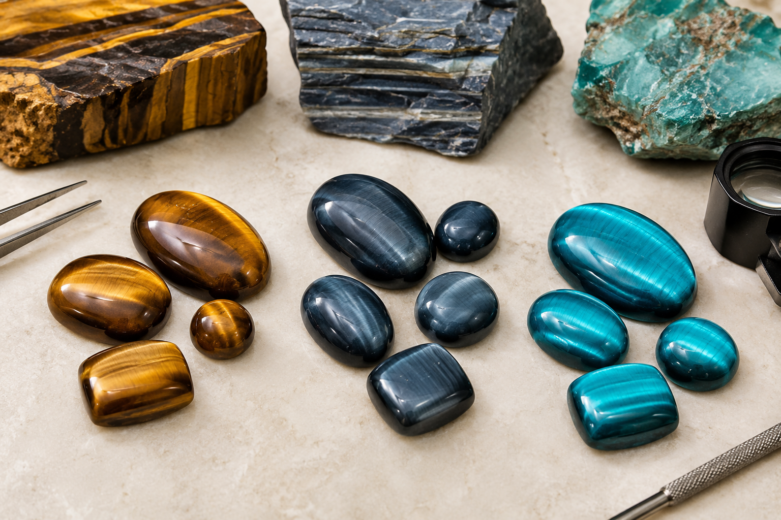Œil de tigre doré, œil de faucon bleu-gris et pierres chatoyantes turquoise comparés