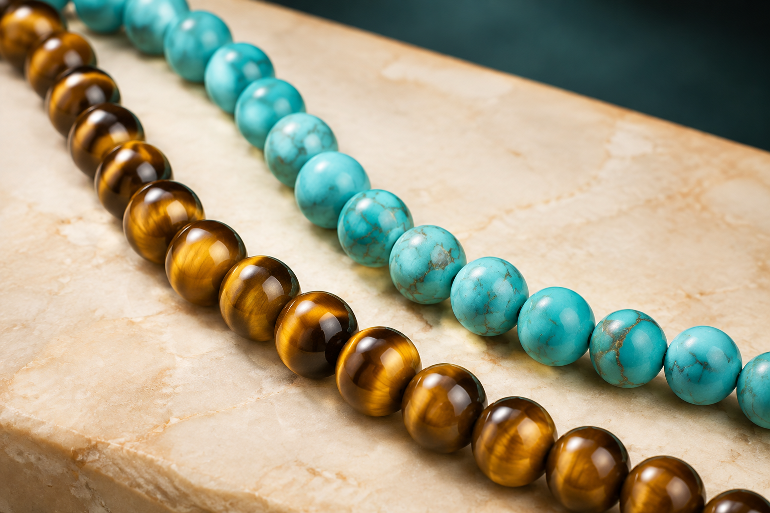 Perles naturelles en œil de tigre et turquoise présentées ensemble