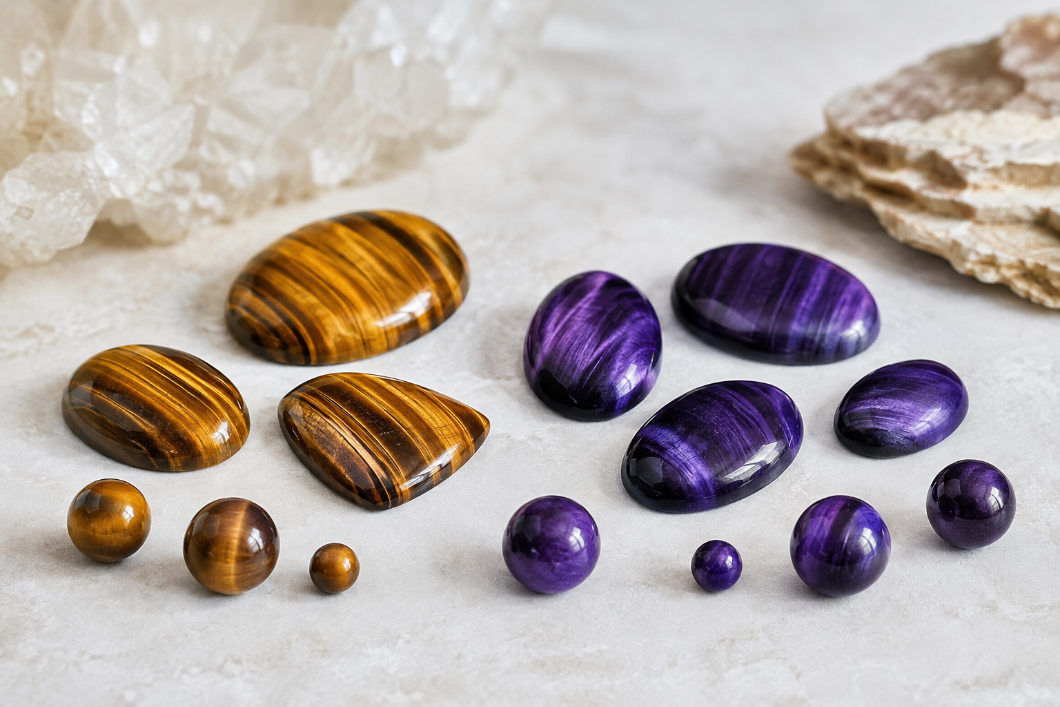 Comparaison entre œil de tigre naturel doré et œil de tigre teinté violet