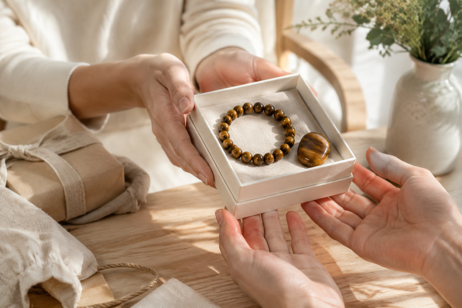 Œil de tigre offert dans un coffret avec bracelet et pierre polie