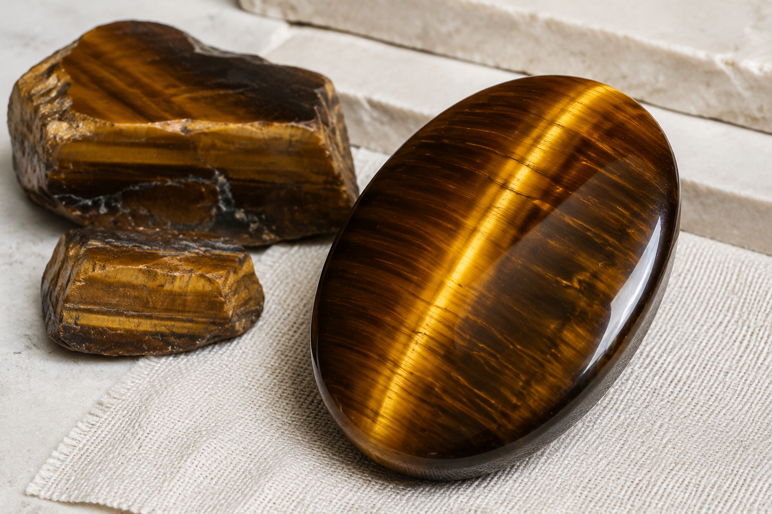 Cabochon et pierre brute d’œil de tigre montrant une bande chatoyante dorée