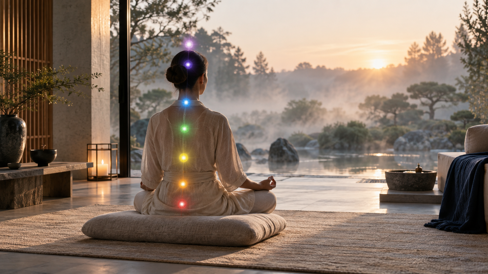 Personne en méditation avec sept points colorés alignés symboliquement du bassin à la couronne