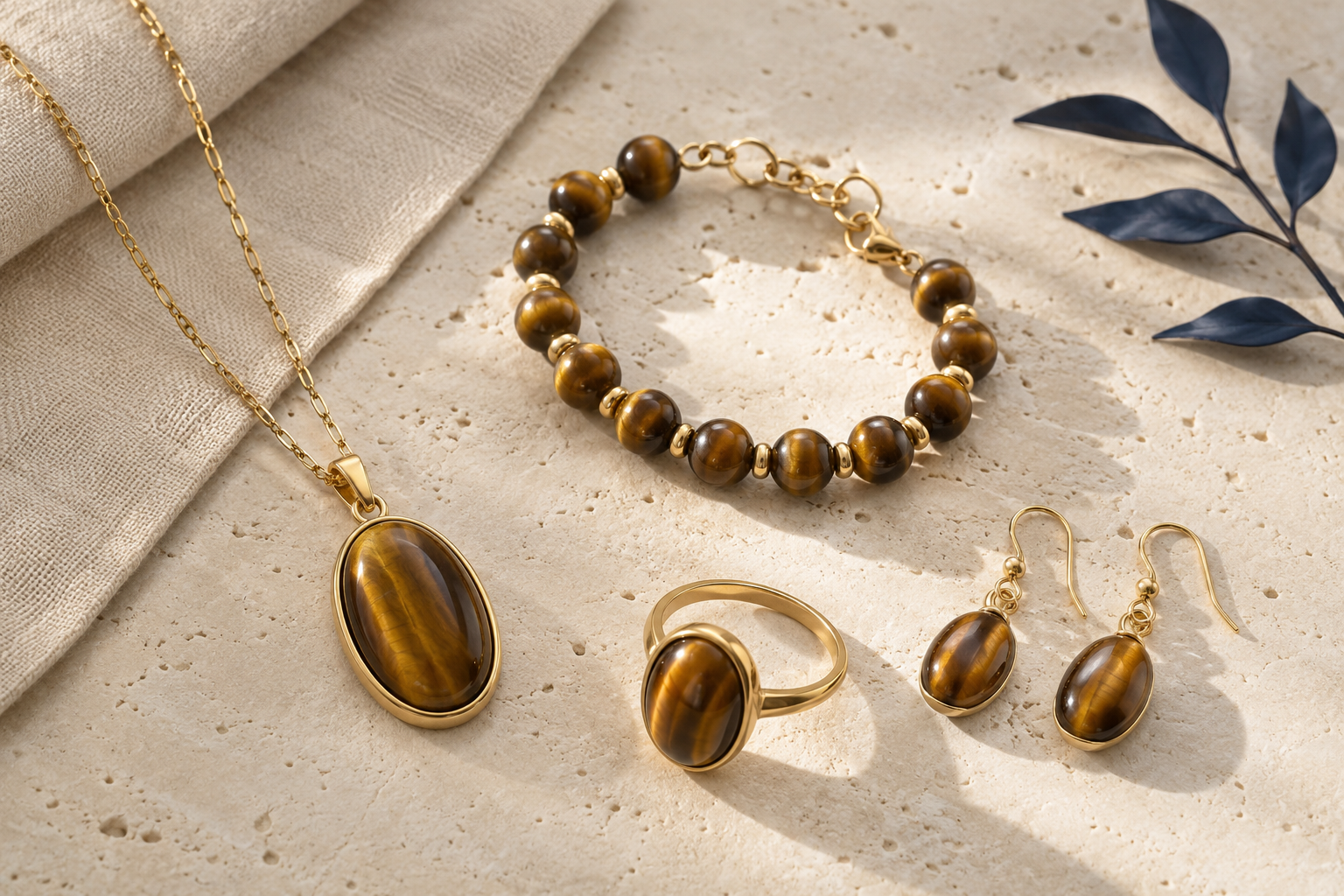 Parure en œil de tigre avec collier, bracelet, bague et boucles d’oreilles assortis