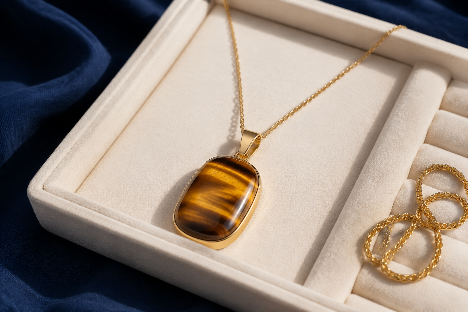 Pendentif en œil de tigre doré sur chaîne dans un écrin clair