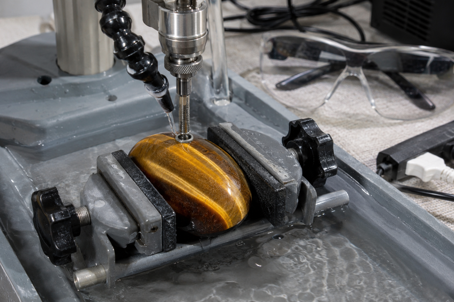 Perçage humide d’un œil de tigre avec foret diamanté