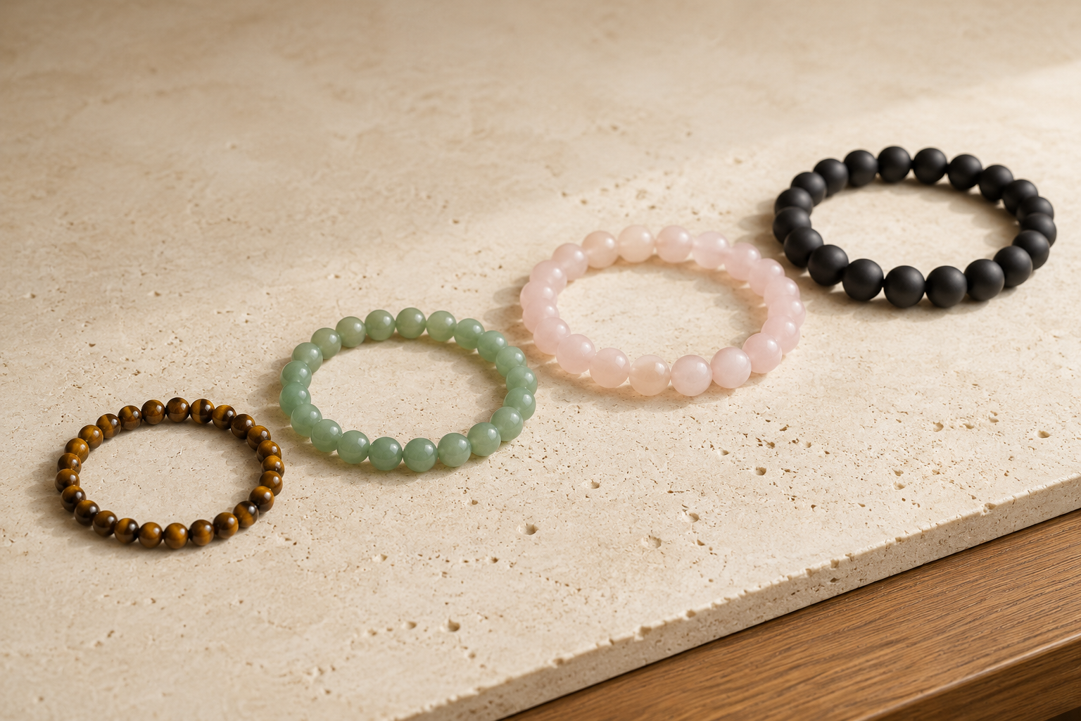 Quatre bracelets en perles naturelles de diamètres 6, 8, 10 et 12 mm