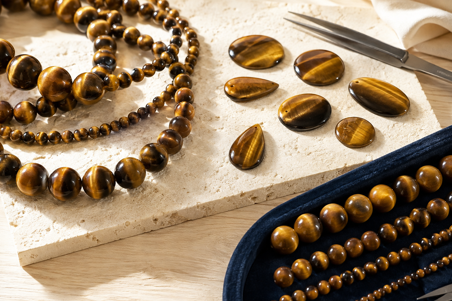 Perles et cabochons en œil de tigre classés sur un établi de bijoutier