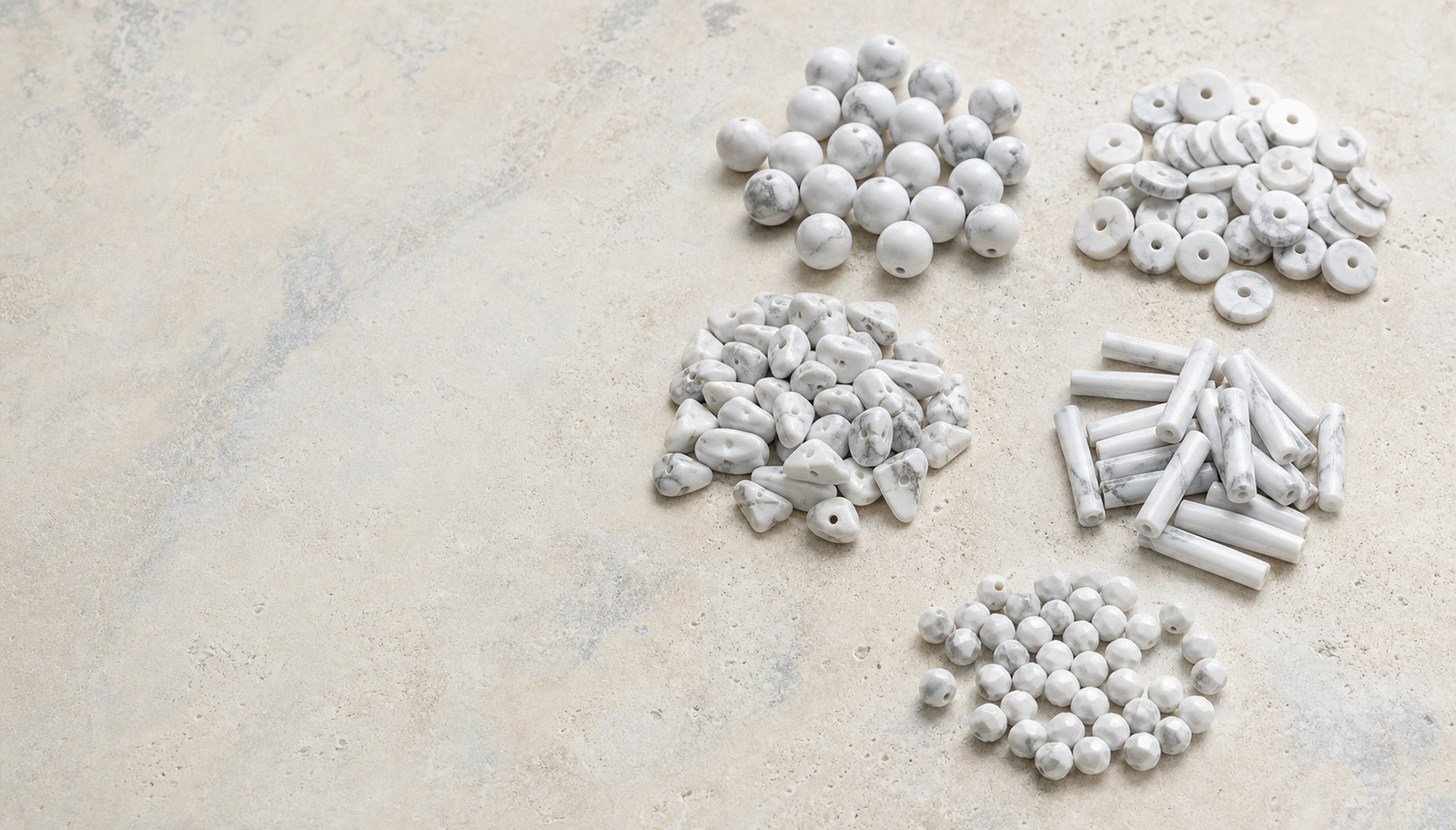 Perles de howlite rondes, heishi, chips, tubes et facettées