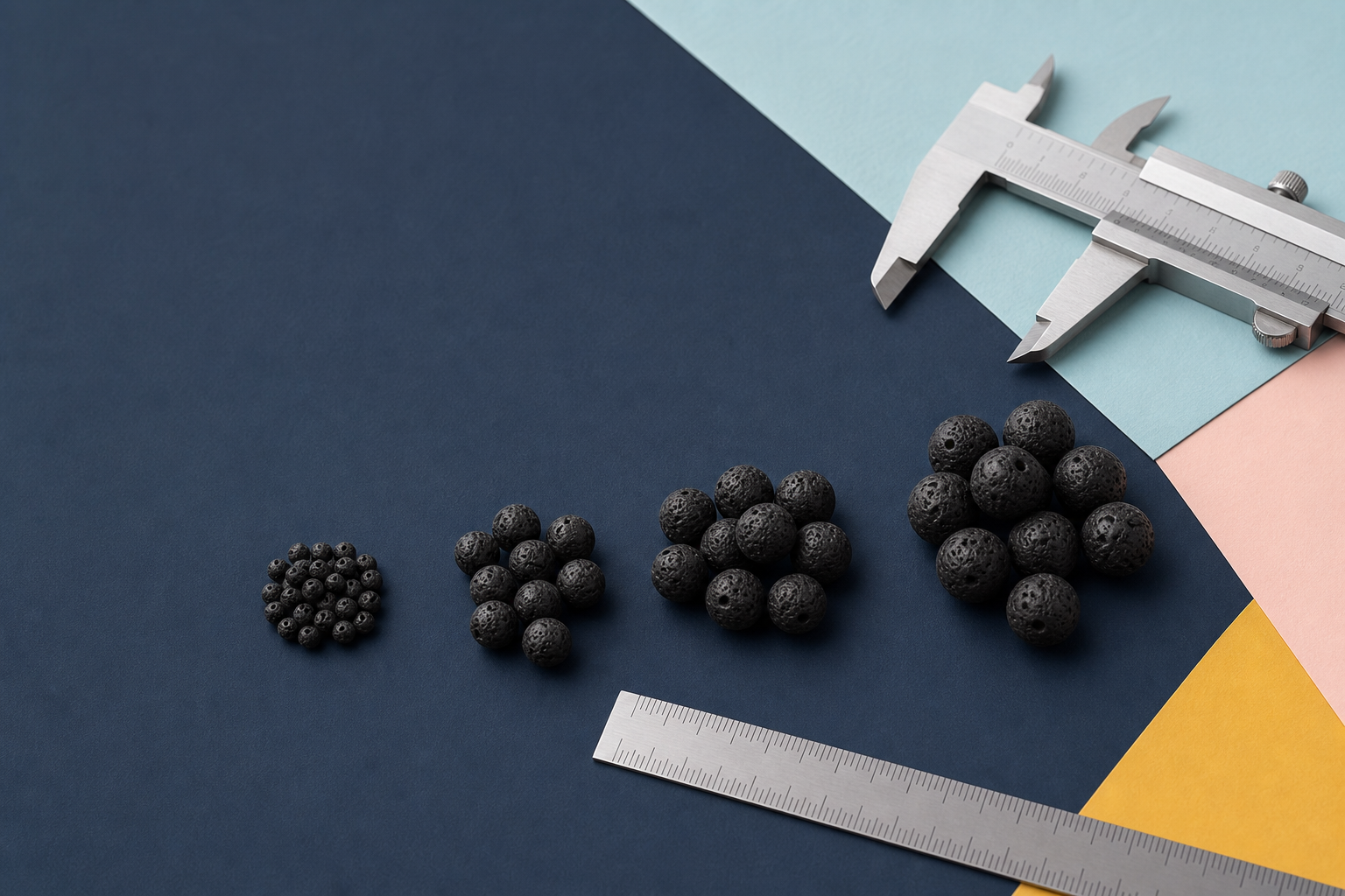 Comparatif de perles de lave noires de 4, 6, 8 et 10 mm avec pied à coulisse