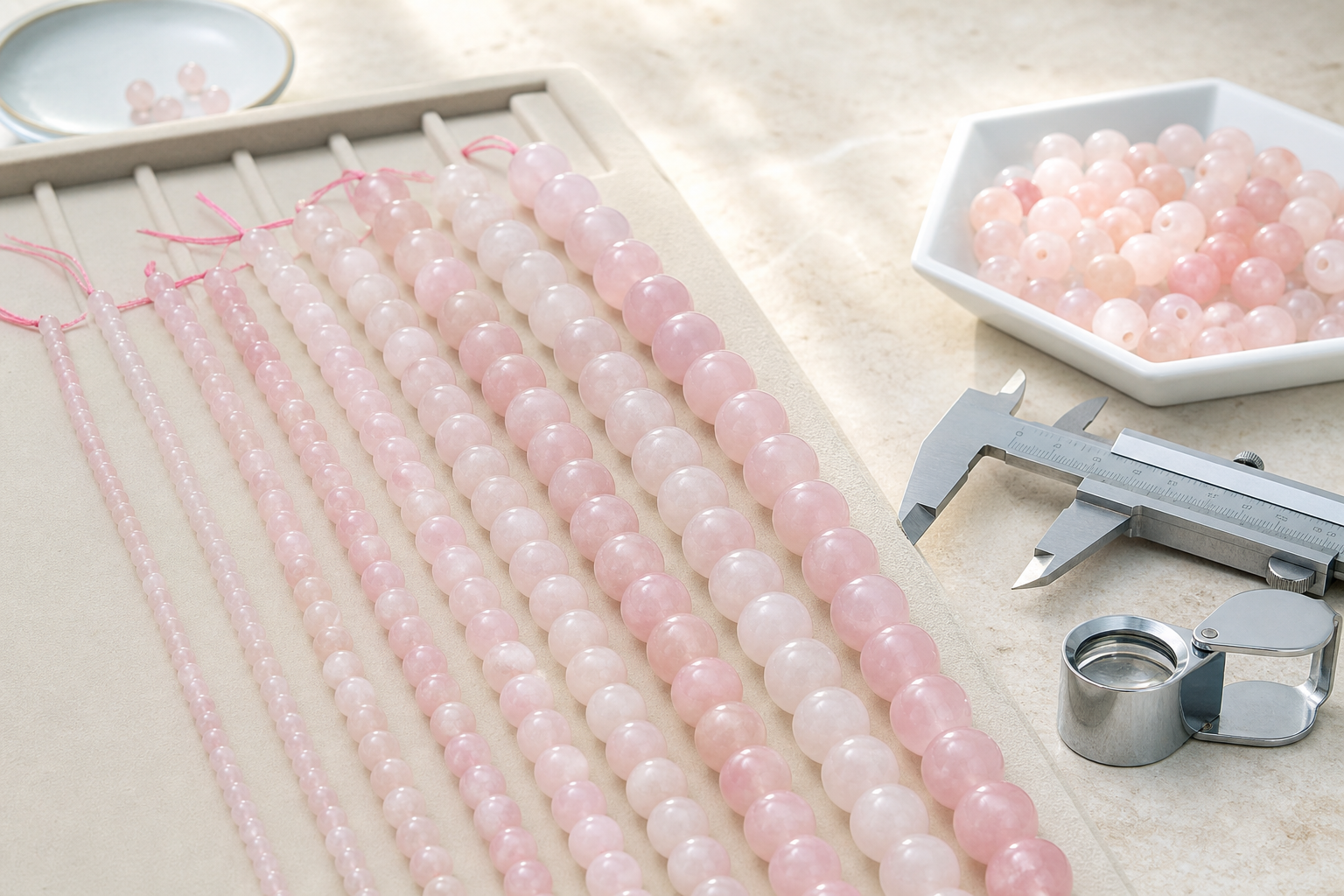 Fils de perles en quartz rose triés par diamètre pour les professionnels