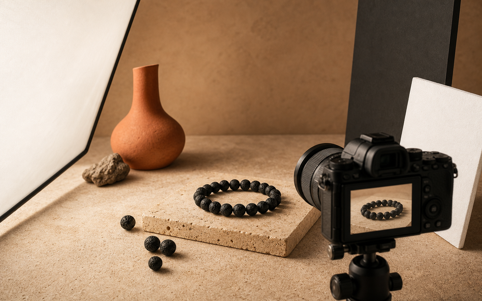 Studio photo de perles de lave avec lumière latérale, diffuseur et appareil sur trépied