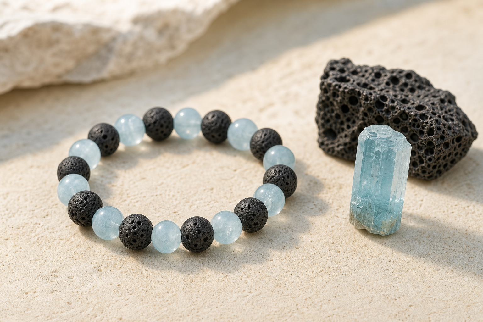 Bracelet alternant pierre de lave noire poreuse et aigue-marine bleu clair avec spécimens bruts