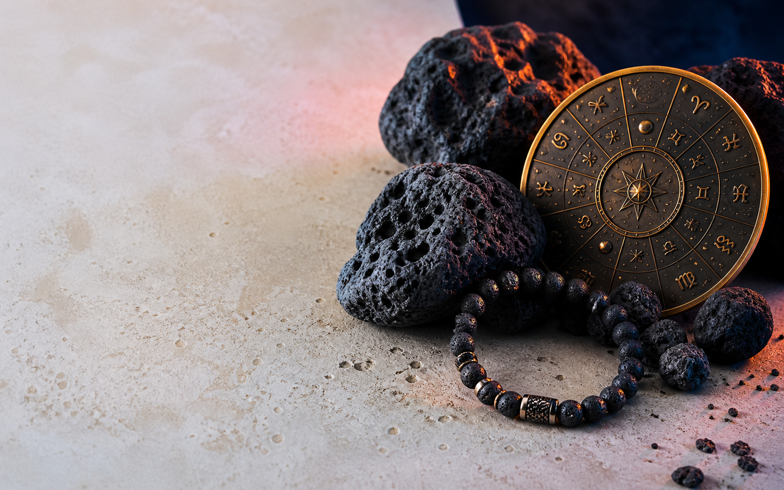 Pierres de lave, bracelet noir et roue zodiacale décorative en laiton
