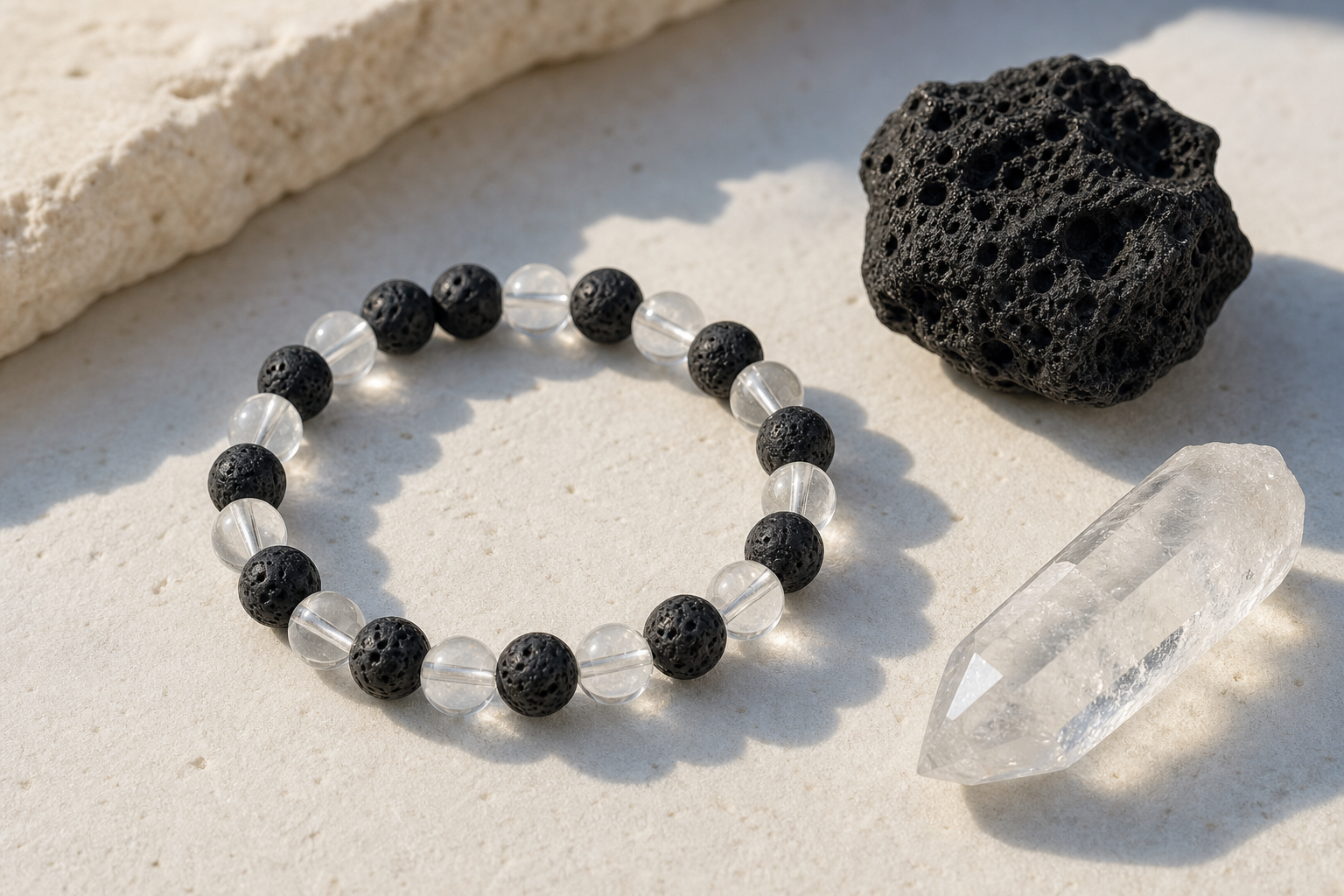 Bracelet en pierre de lave noire poreuse et cristal de roche transparent avec spécimens bruts