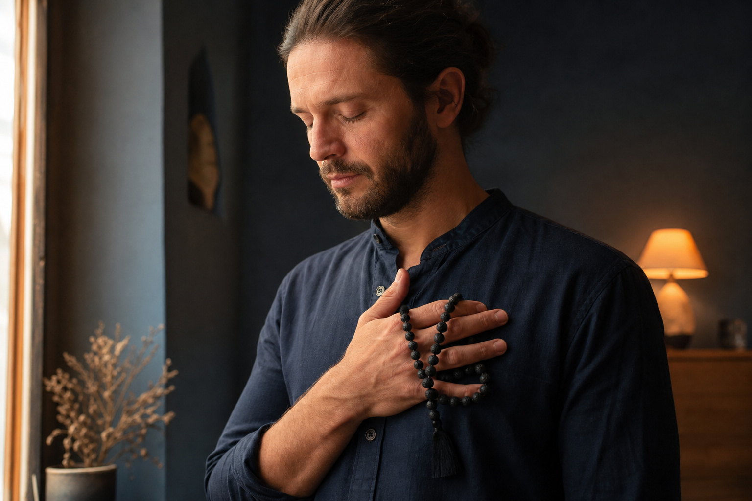 Personne tenant un bracelet en pierre de lave pendant un moment d’émotion calme
