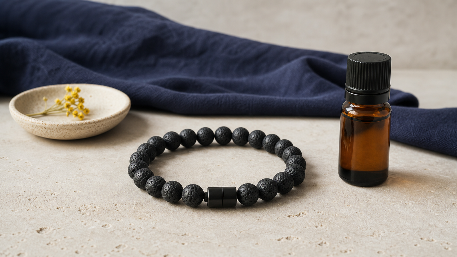 Bracelet en pierre de lave avec un flacon d’huile essentielle fermé