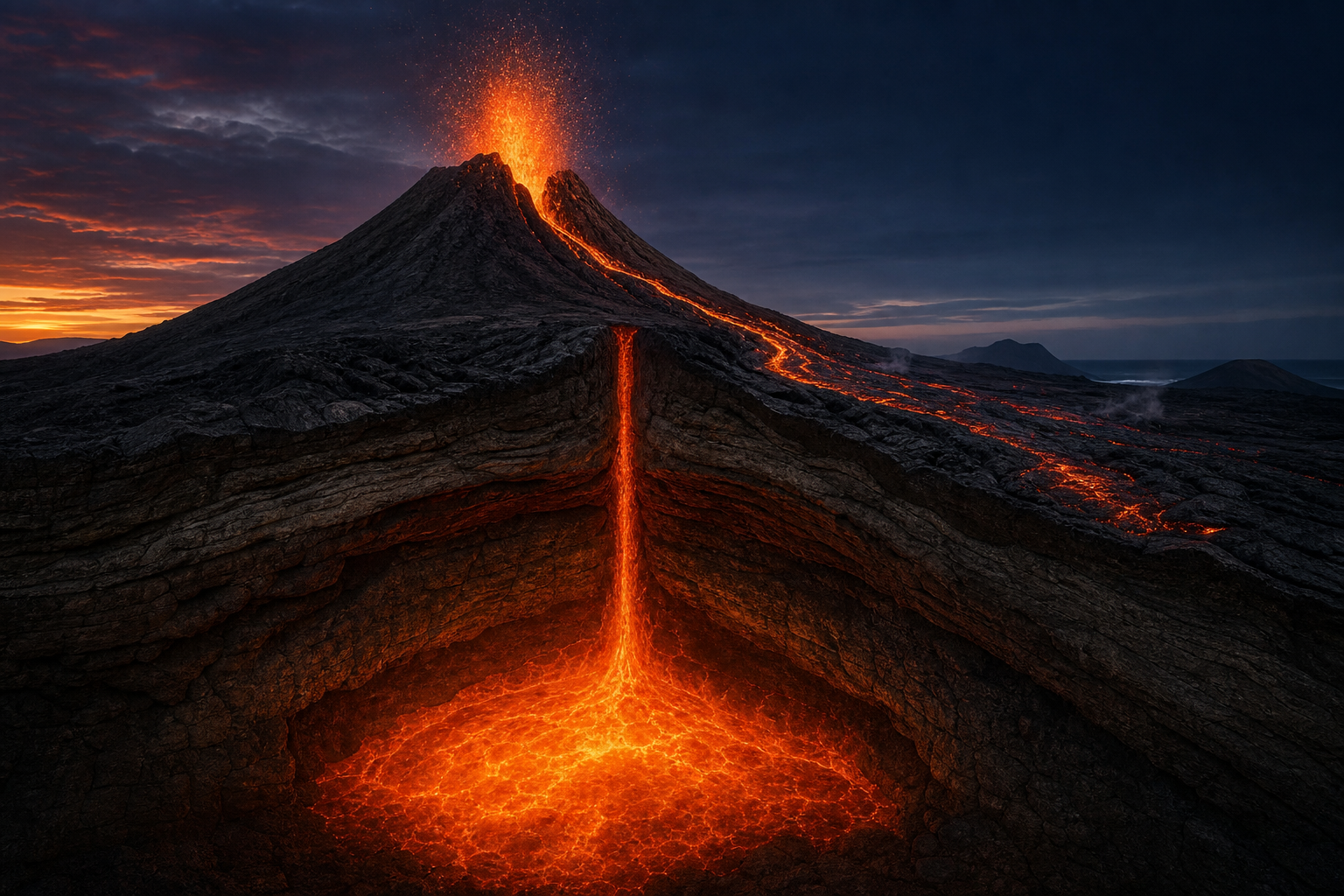 Coupe d’un volcan montrant le magma, l’éruption et la coulée de lave