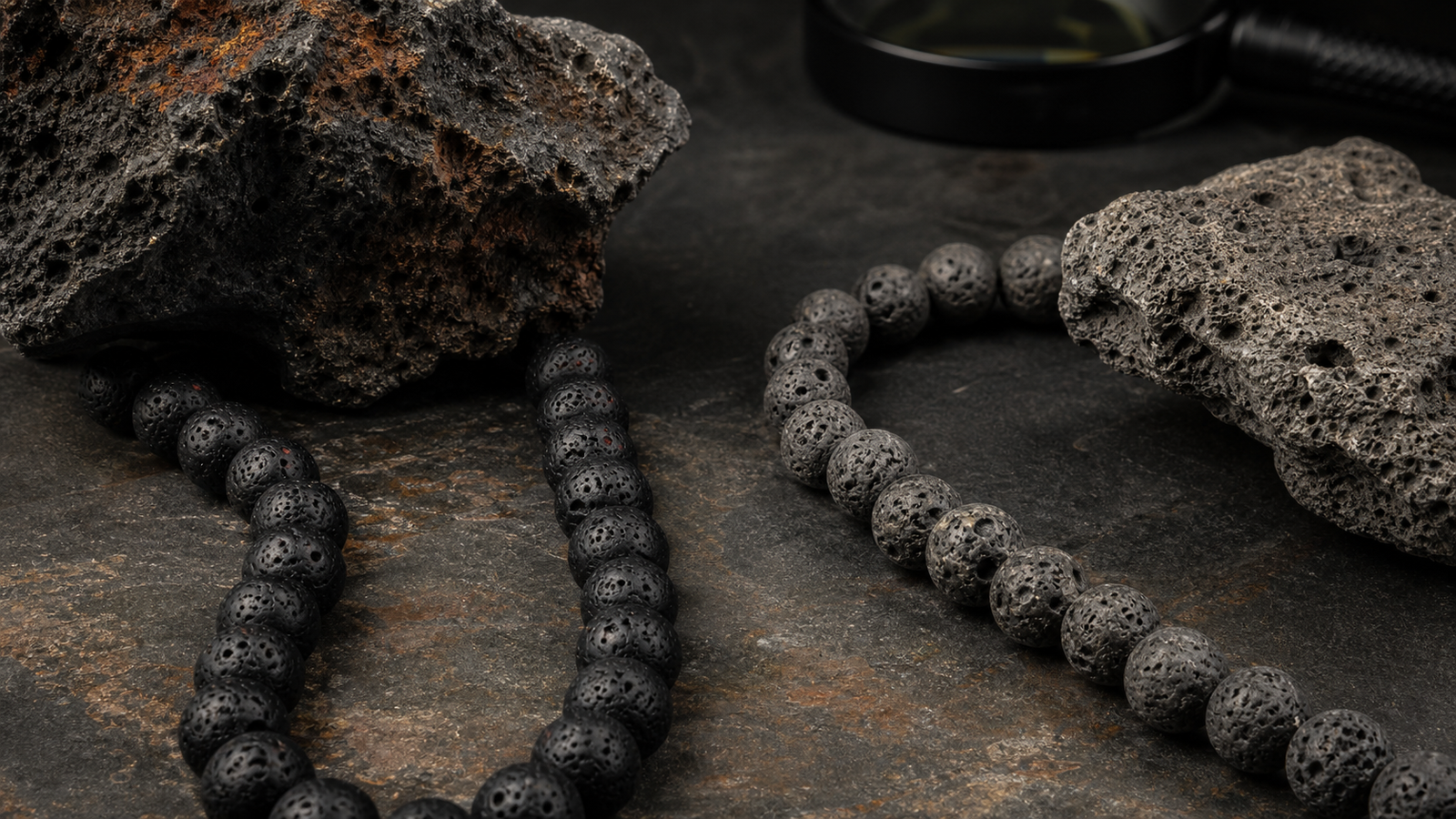 Comparaison de perles en pierre de lave naturelle et à couleur très uniforme