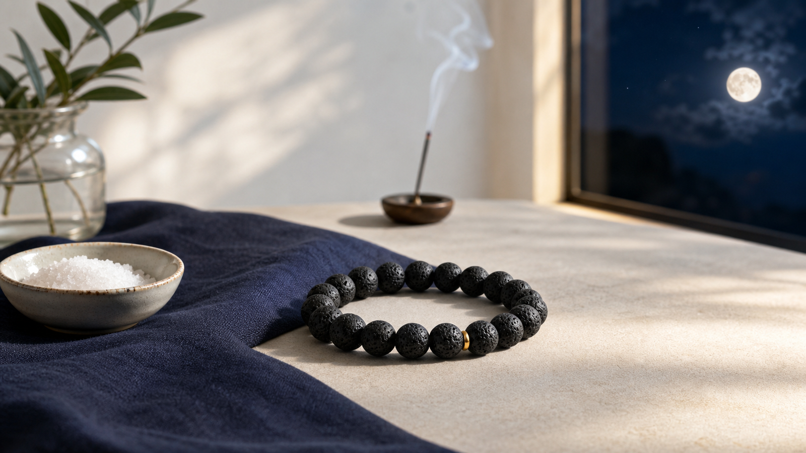 Bracelet en pierre de lave avec sel, soleil, lune et fumigation symboliques