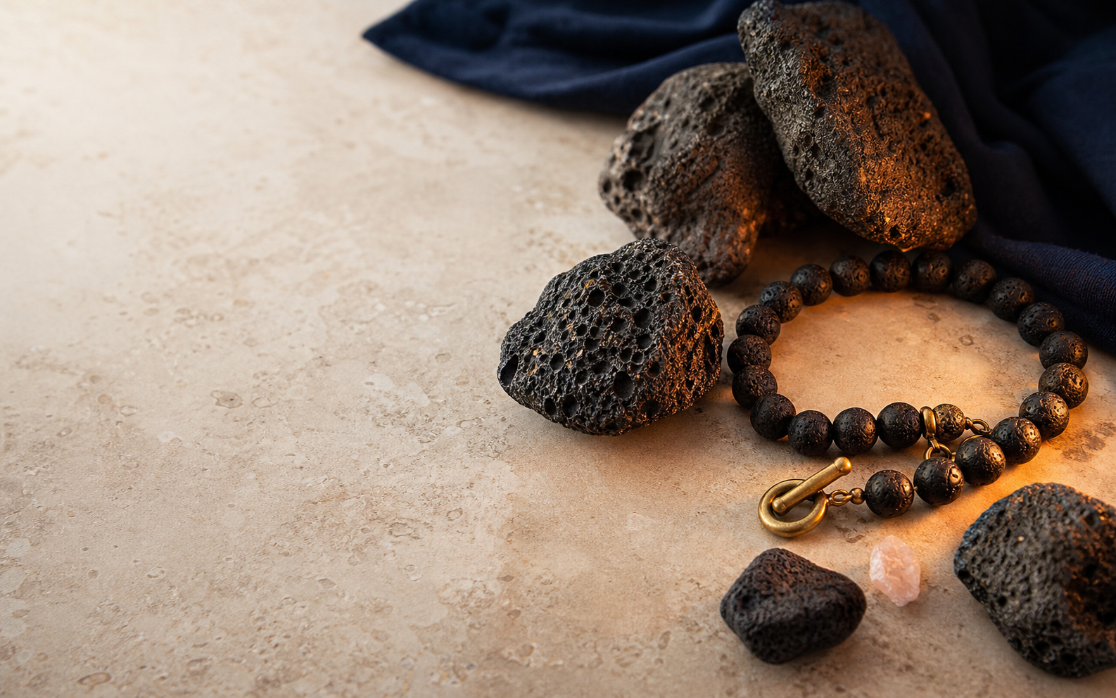 Pierres de lave poreuses et bracelet noir éclairés par une lumière couleur braise