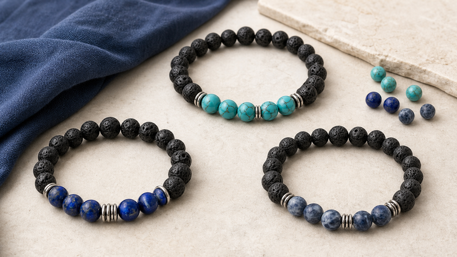 Bracelets en pierre de lave associés à la turquoise, au lapis-lazuli et à la sodalite