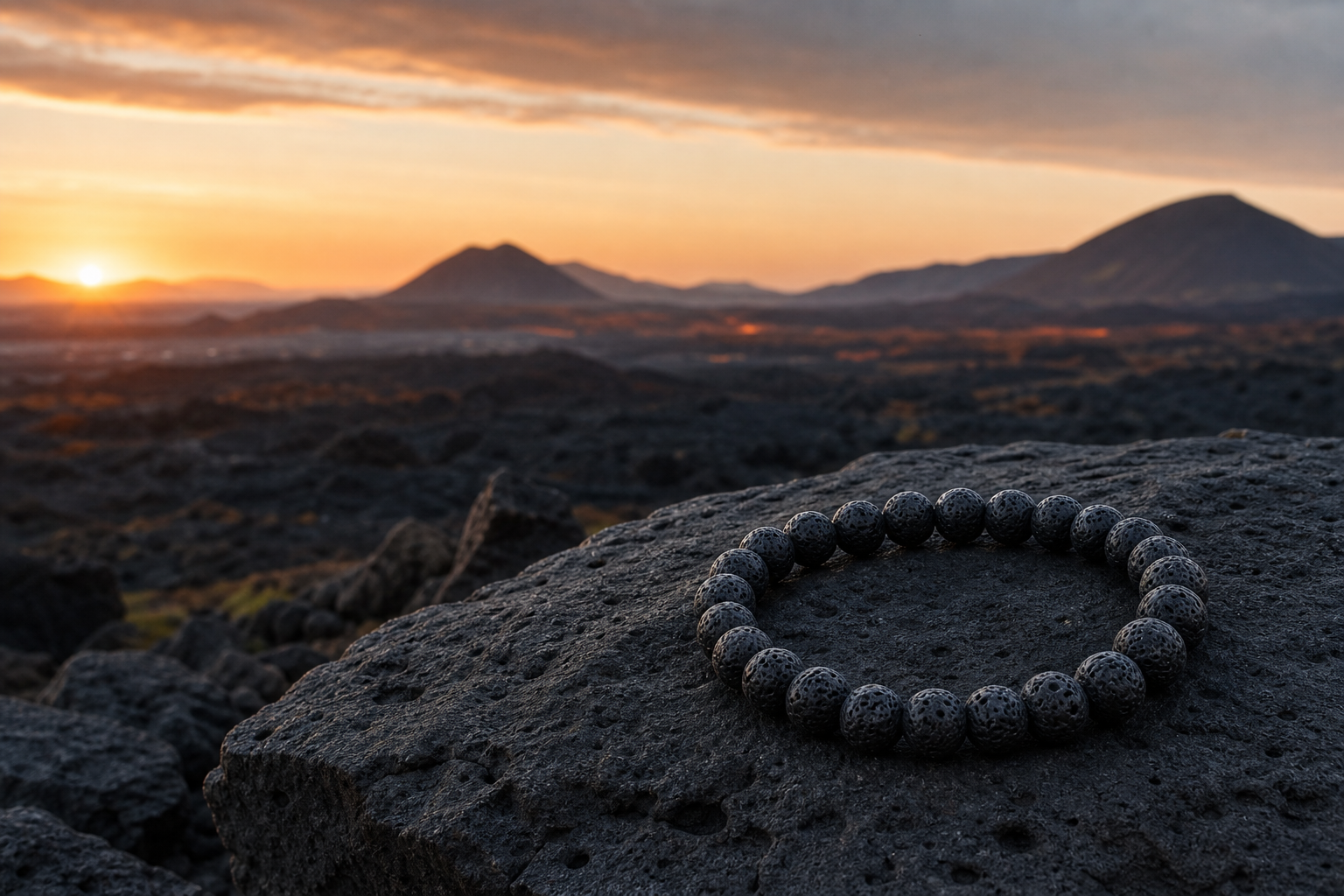 Bracelet en pierre de lave sur un paysage volcanique au lever du soleil