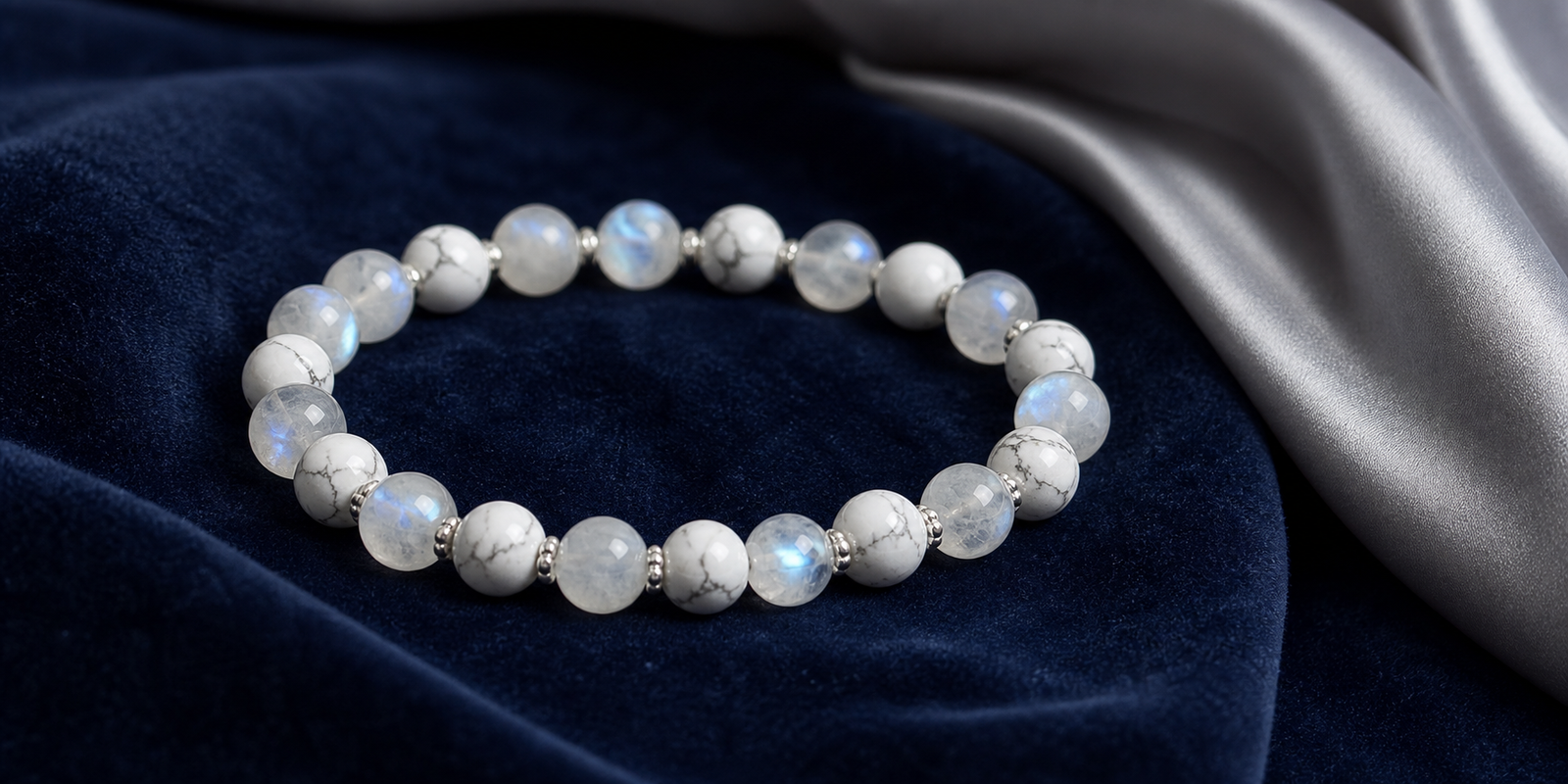 Bracelet alternant pierre de lune blanche aux reflets bleutés et howlite blanche veinée