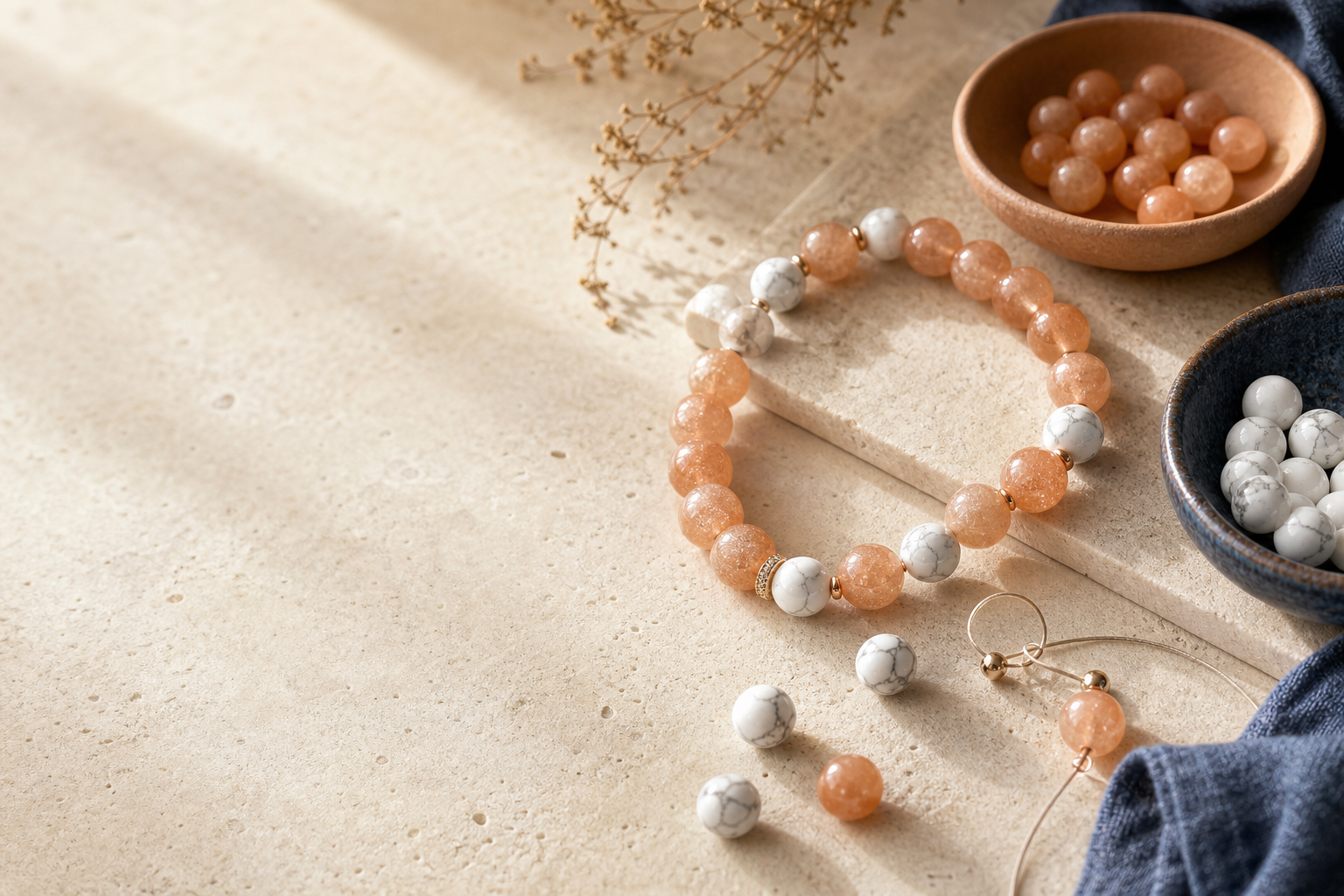 Pierre du Soleil pêche et howlite blanche associées dans un bracelet