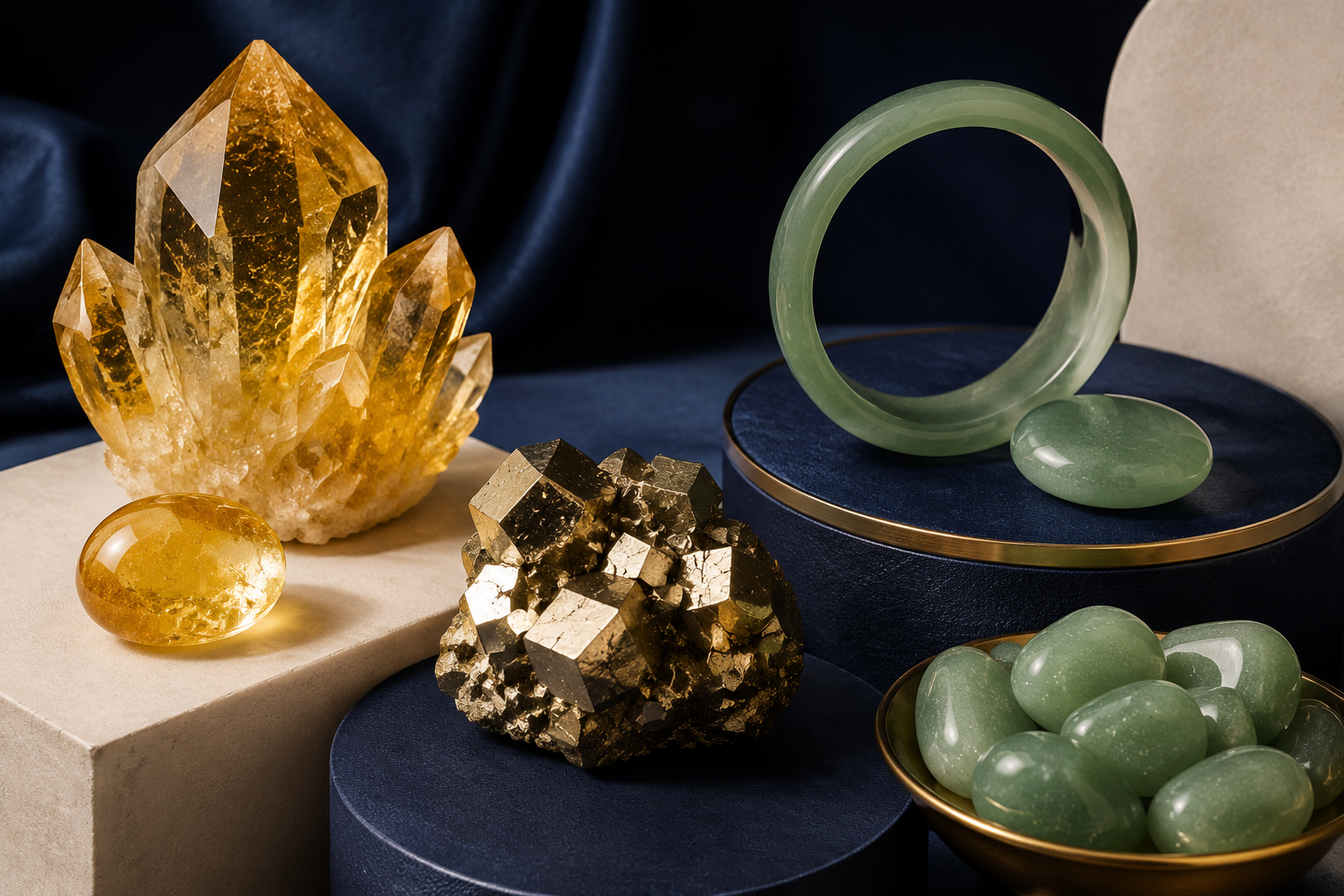 Citrine, pyrite, jade et aventurine présentés sur des socles