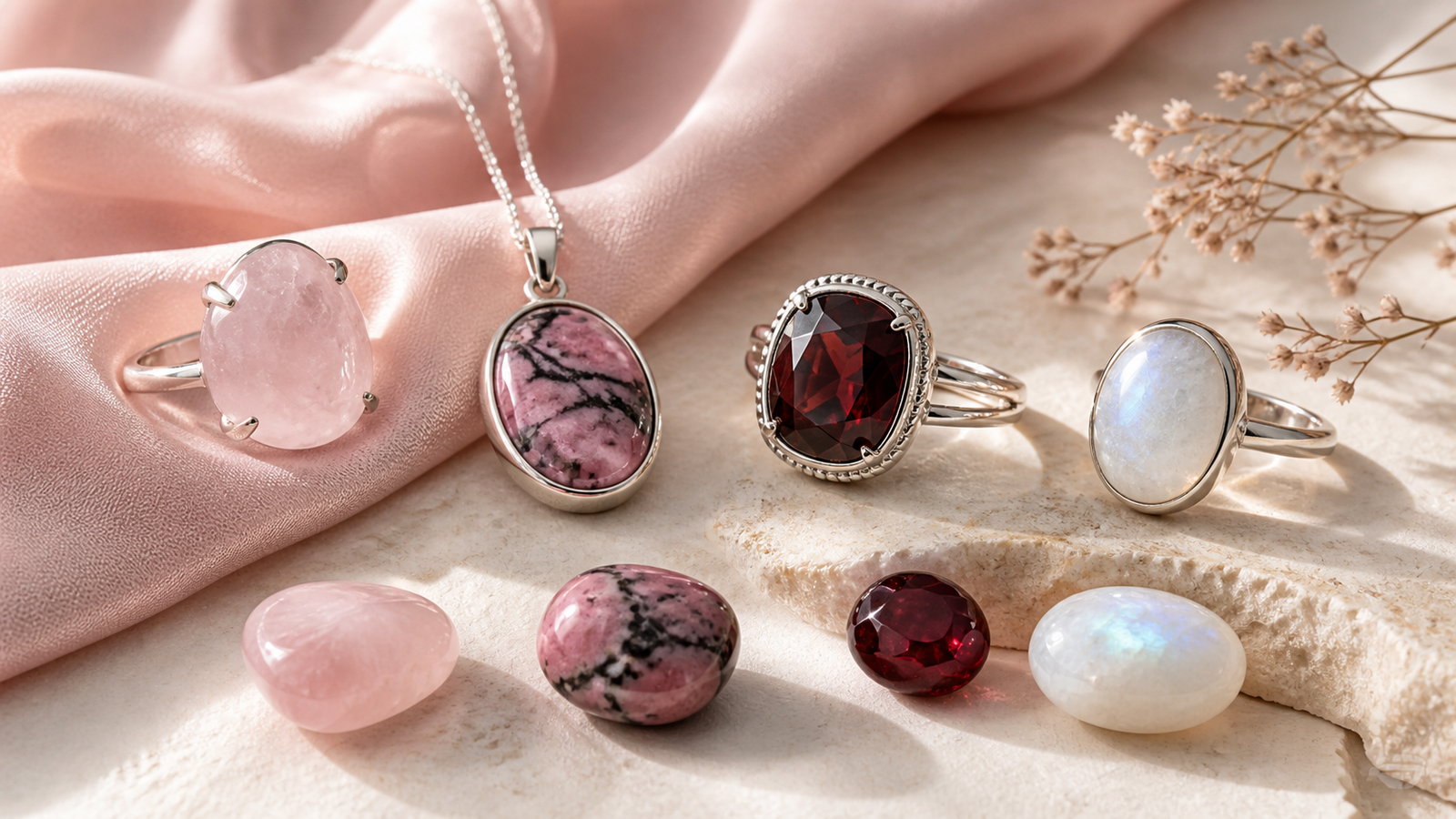 Quartz rose, rhodonite, grenat et pierre de lune présentés avec des bijoux en argent