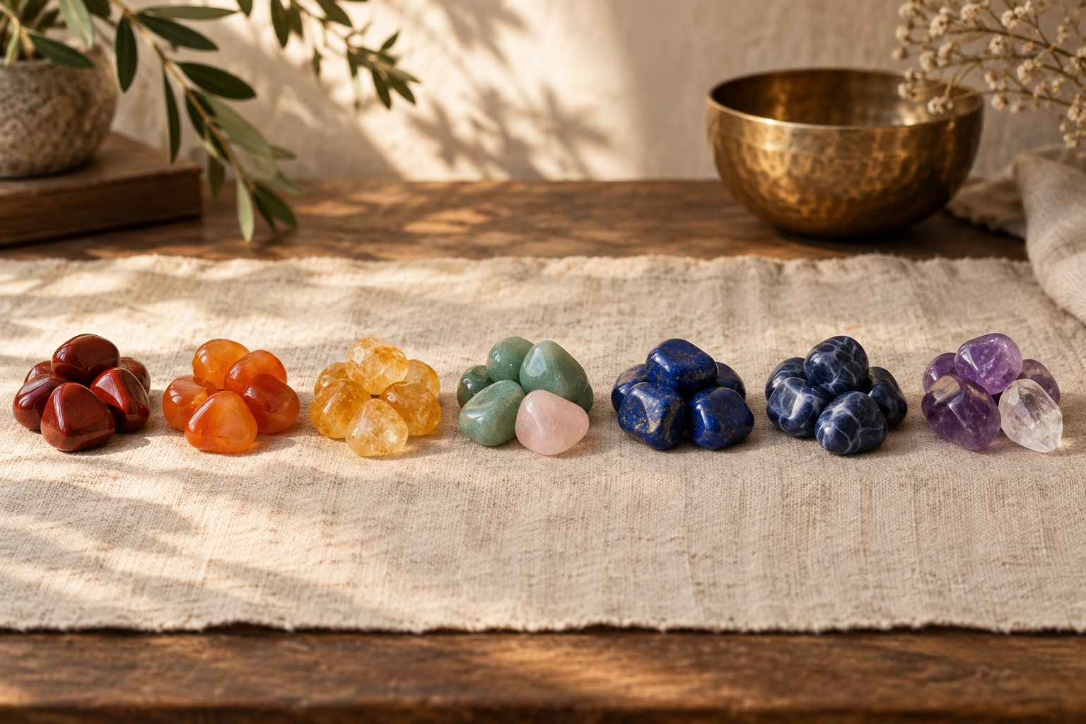 Sept groupes de pierres naturelles colorées associés symboliquement aux sept chakras