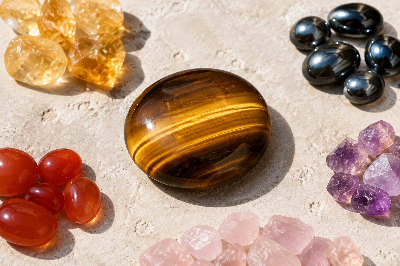 Œil de tigre entouré de citrine, cornaline, hématite, améthyste et quartz rose