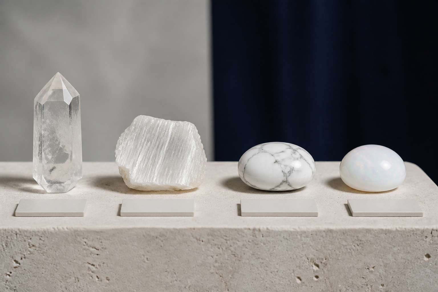 Cristal de roche, sélénite, howlite et opale blanche présentés côte à côte