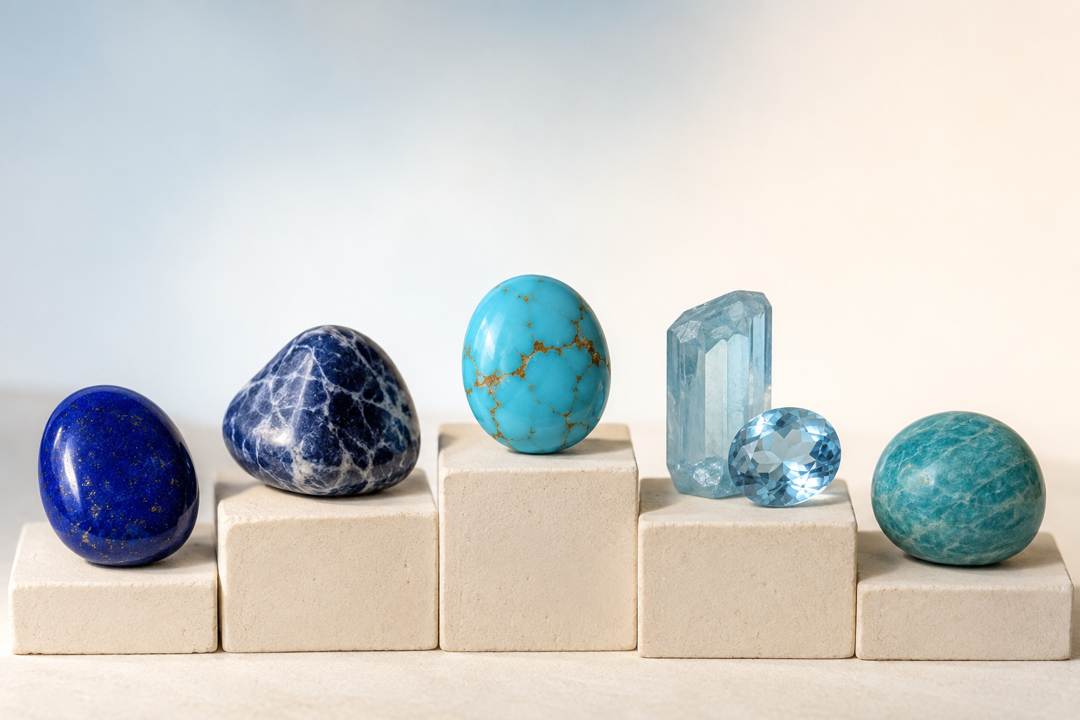 Cinq pierres bleues comparées : lapis-lazuli, sodalite, turquoise, aigue-marine et amazonite
