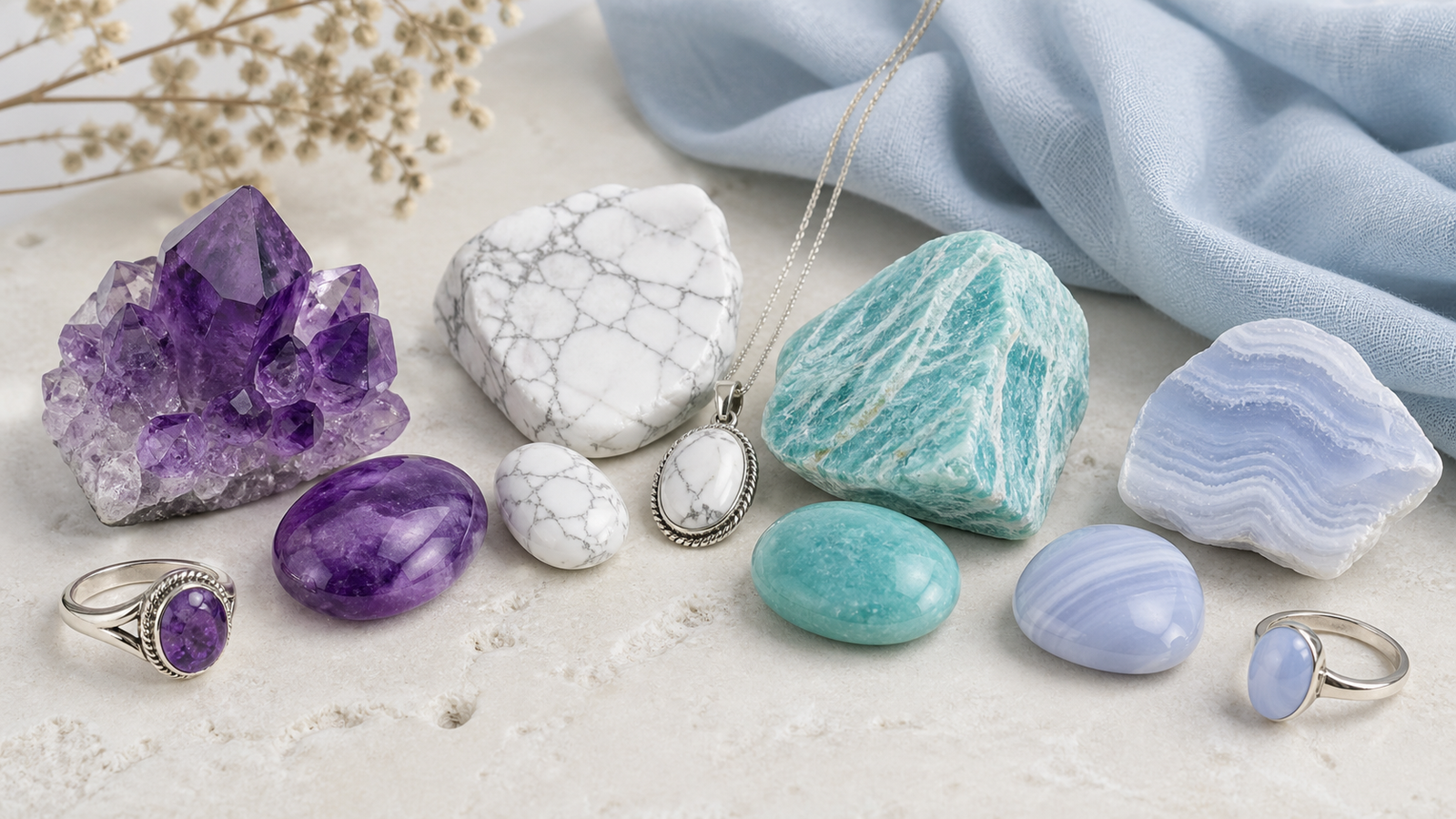 Améthyste, howlite, amazonite et agate dentelle bleue présentées avec des bijoux en argent