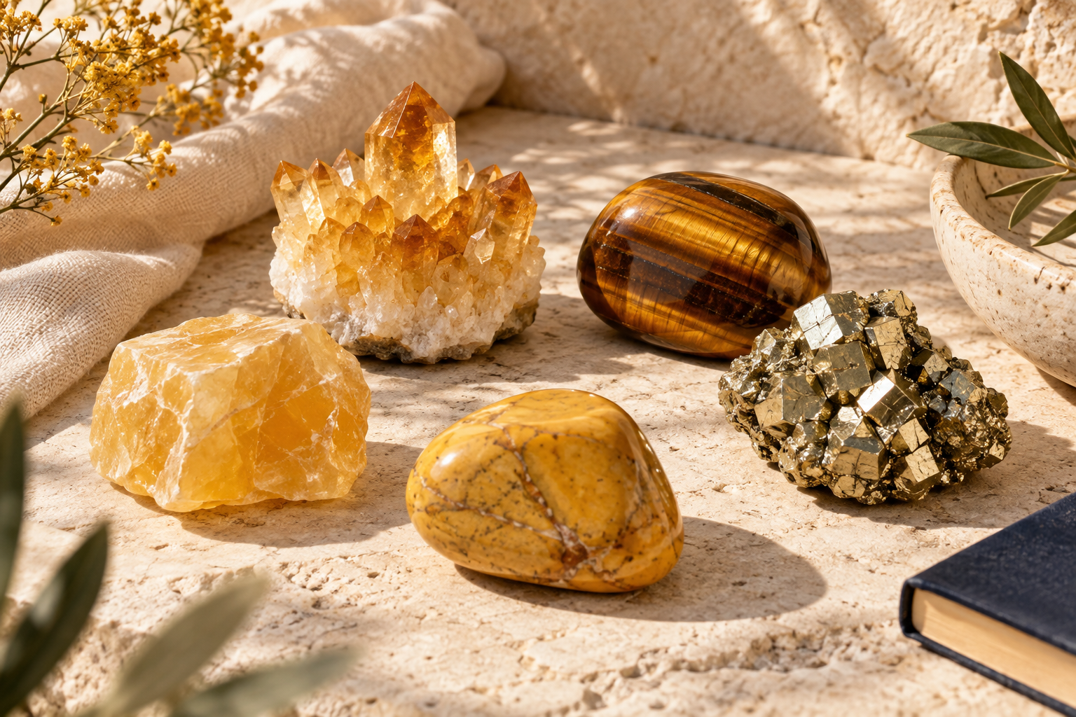 Citrine, œil de tigre, pyrite, calcite jaune et jaspe jaune sur une table en pierre claire