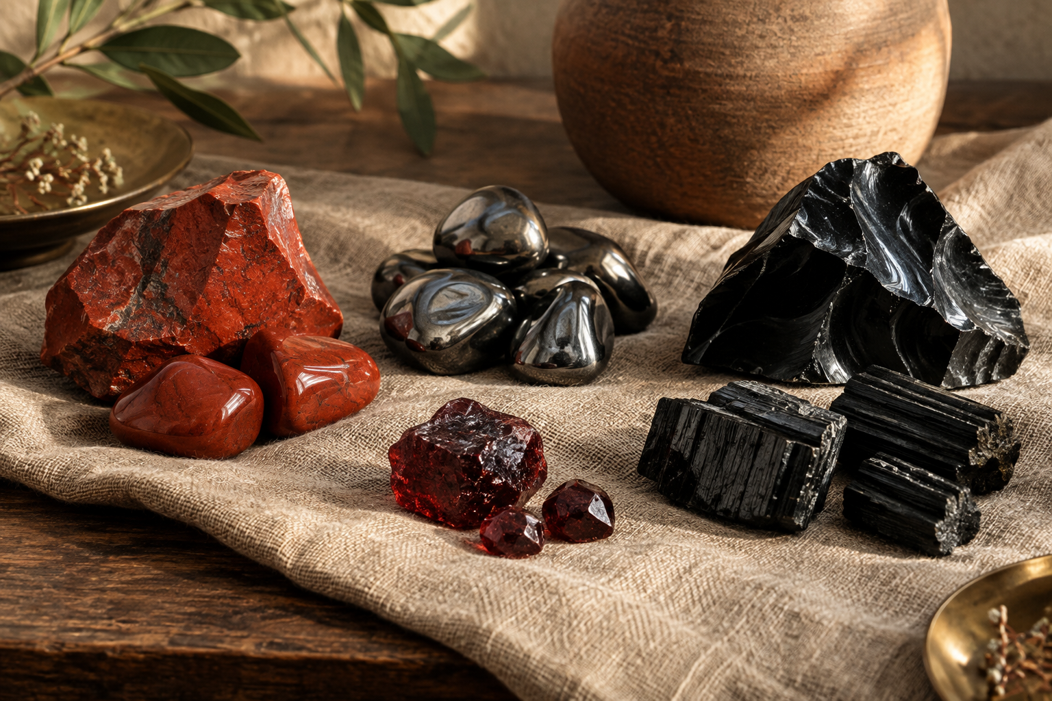 Jaspe rouge, hématite, obsidienne, tourmaline noire et grenat sur un tissu naturel