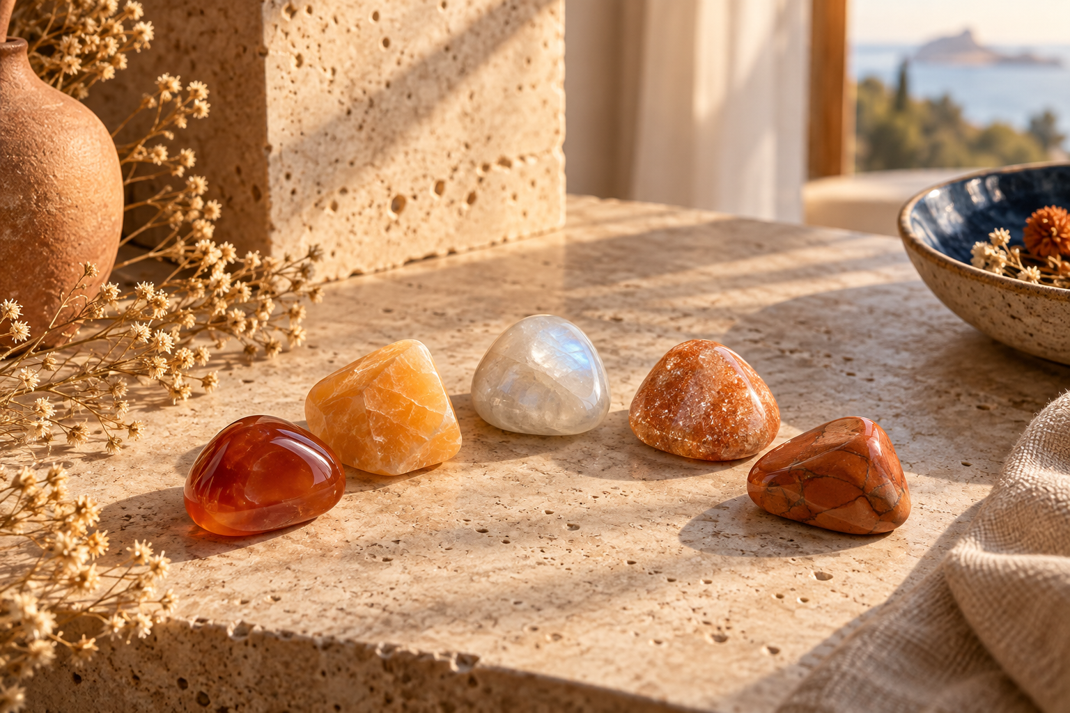 Cornaline, calcite orange, pierre de lune, pierre du soleil et jaspe orange sur une table en travertin