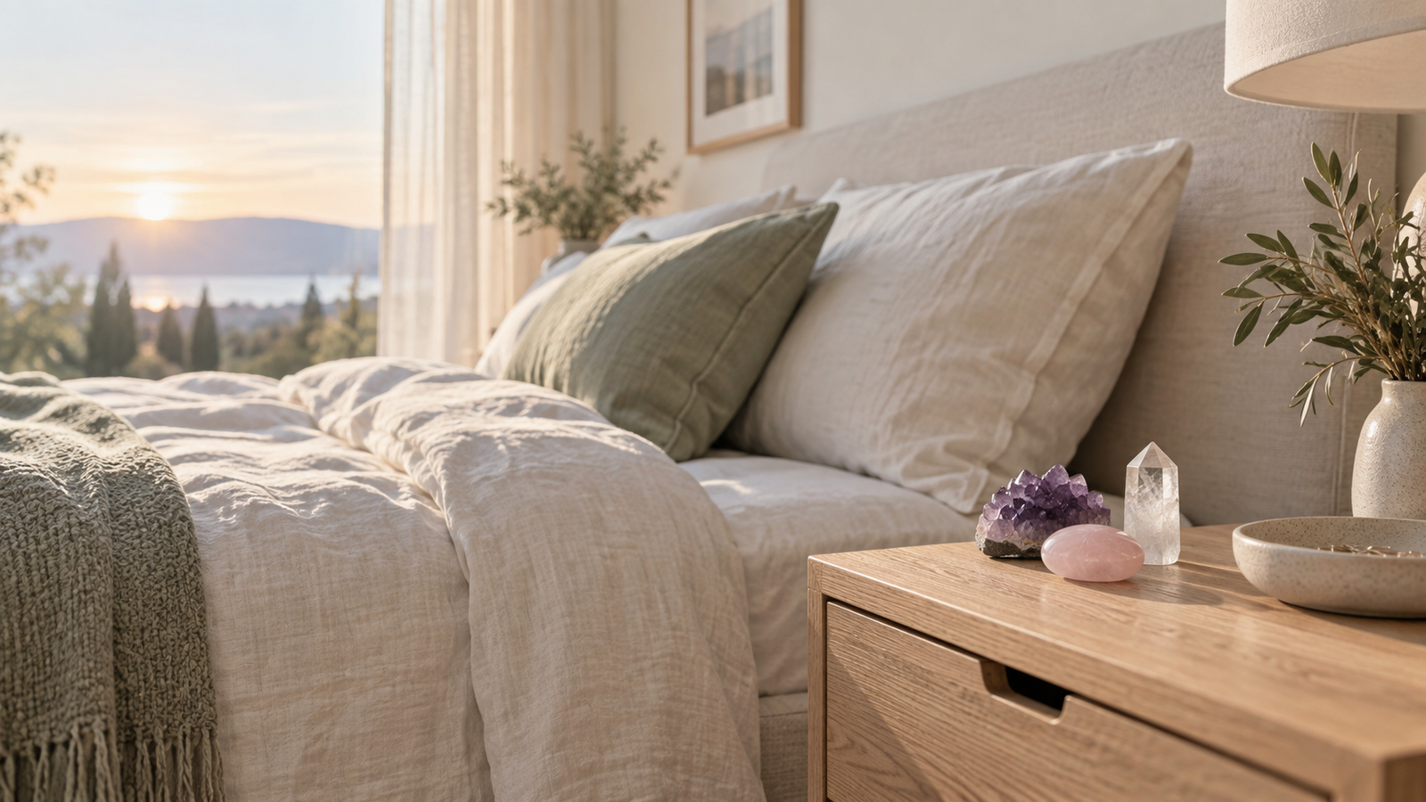 Améthyste, quartz rose et cristal de roche décorant une chambre lumineuse