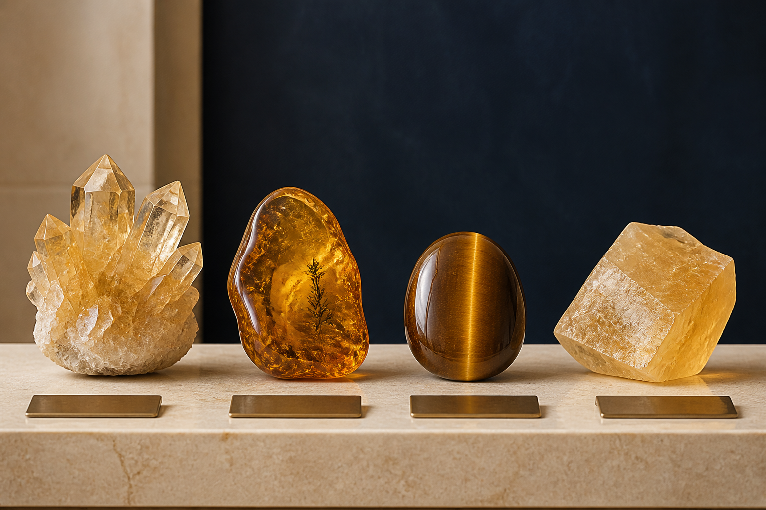 Citrine, ambre, œil de tigre et calcite jaune présentés côte à côte