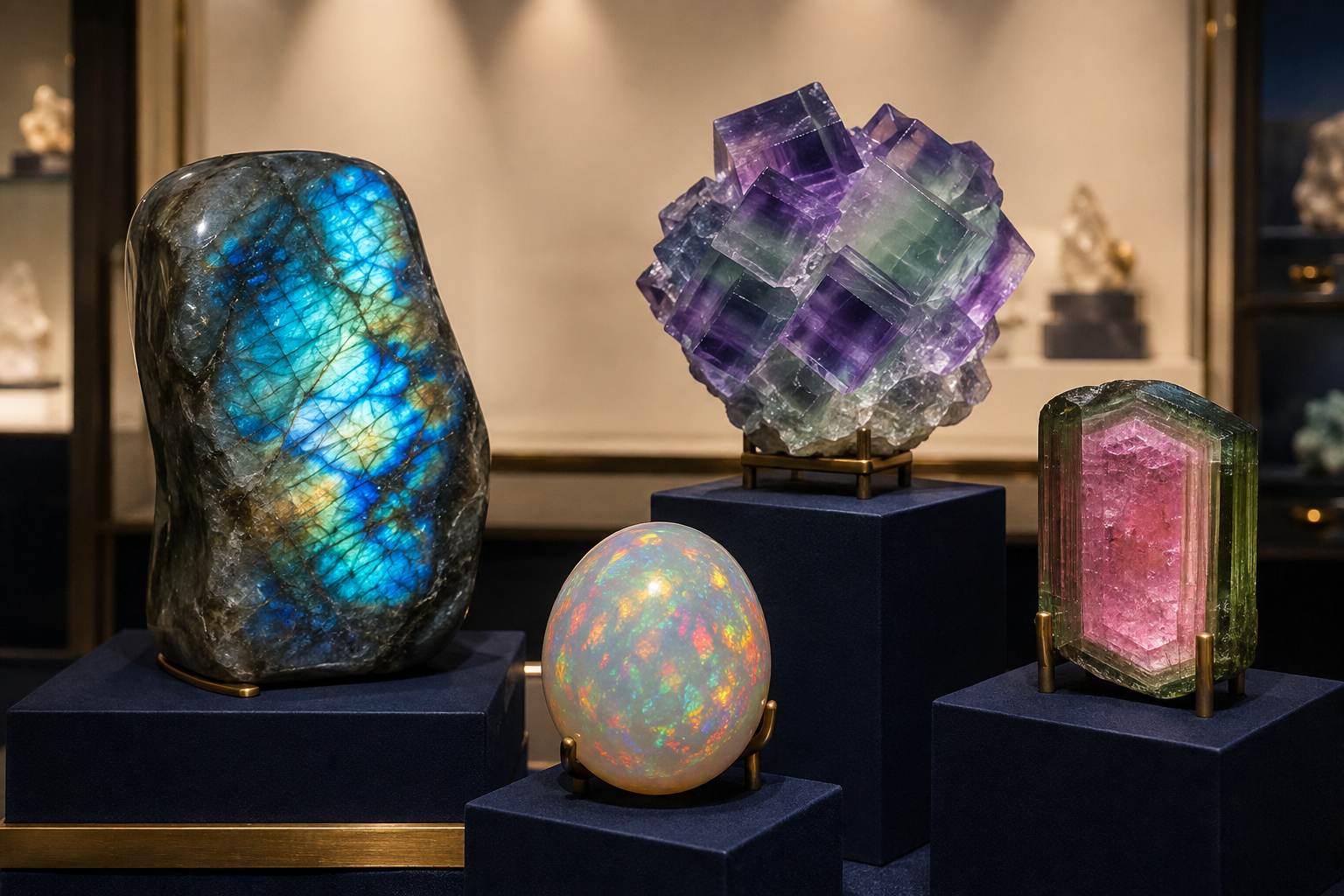 Labradorite, opale, fluorite et tourmaline multicolores présentées en galerie