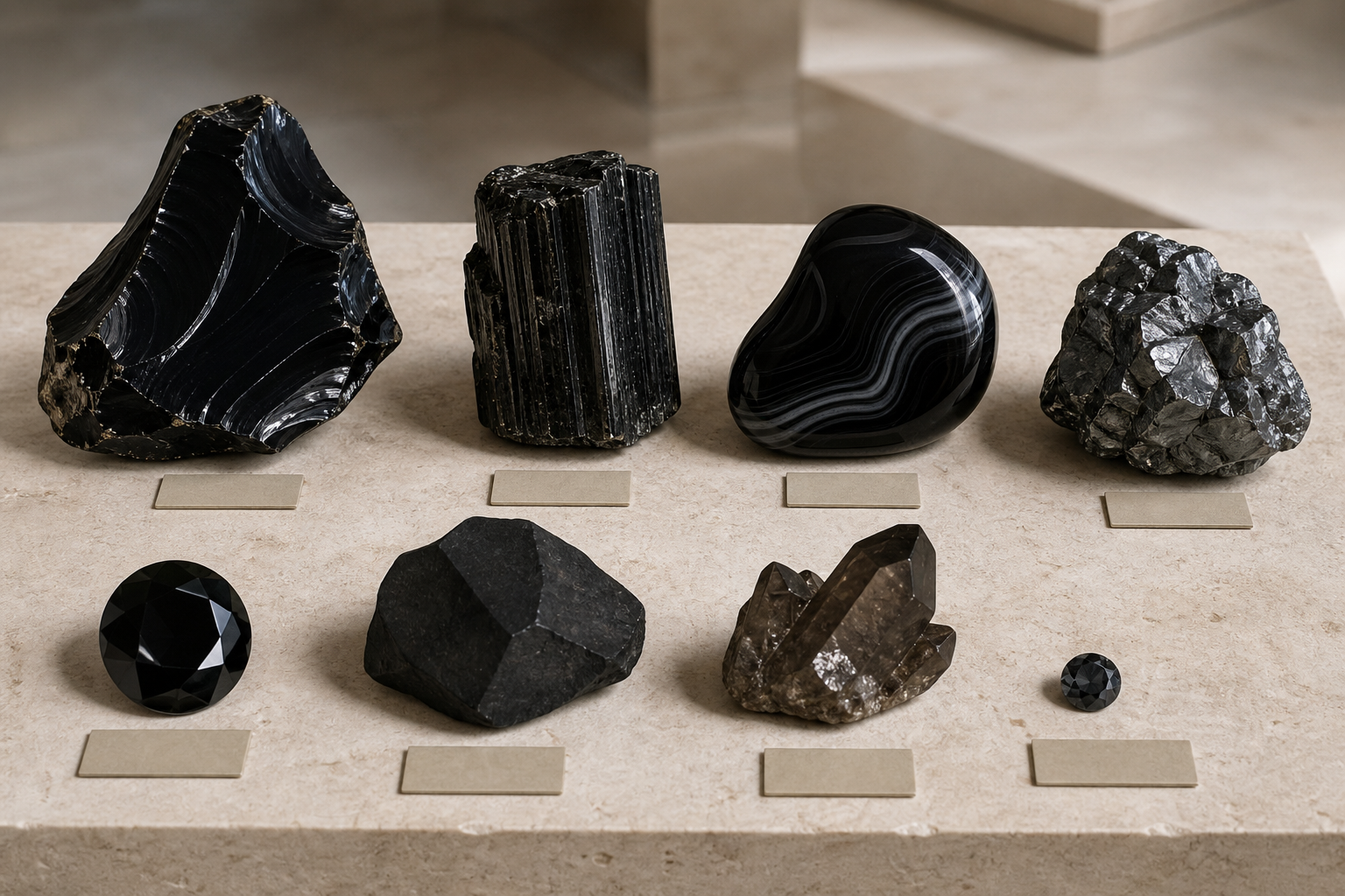 Collection comparative de pierres noires : obsidienne, tourmaline, onyx, hématite, spinelle et quartz fumé