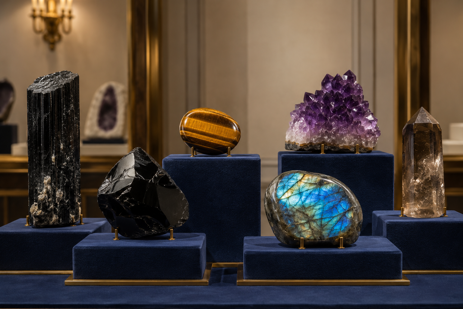 Tourmaline noire, obsidienne, œil de tigre, labradorite, améthyste et quartz fumé