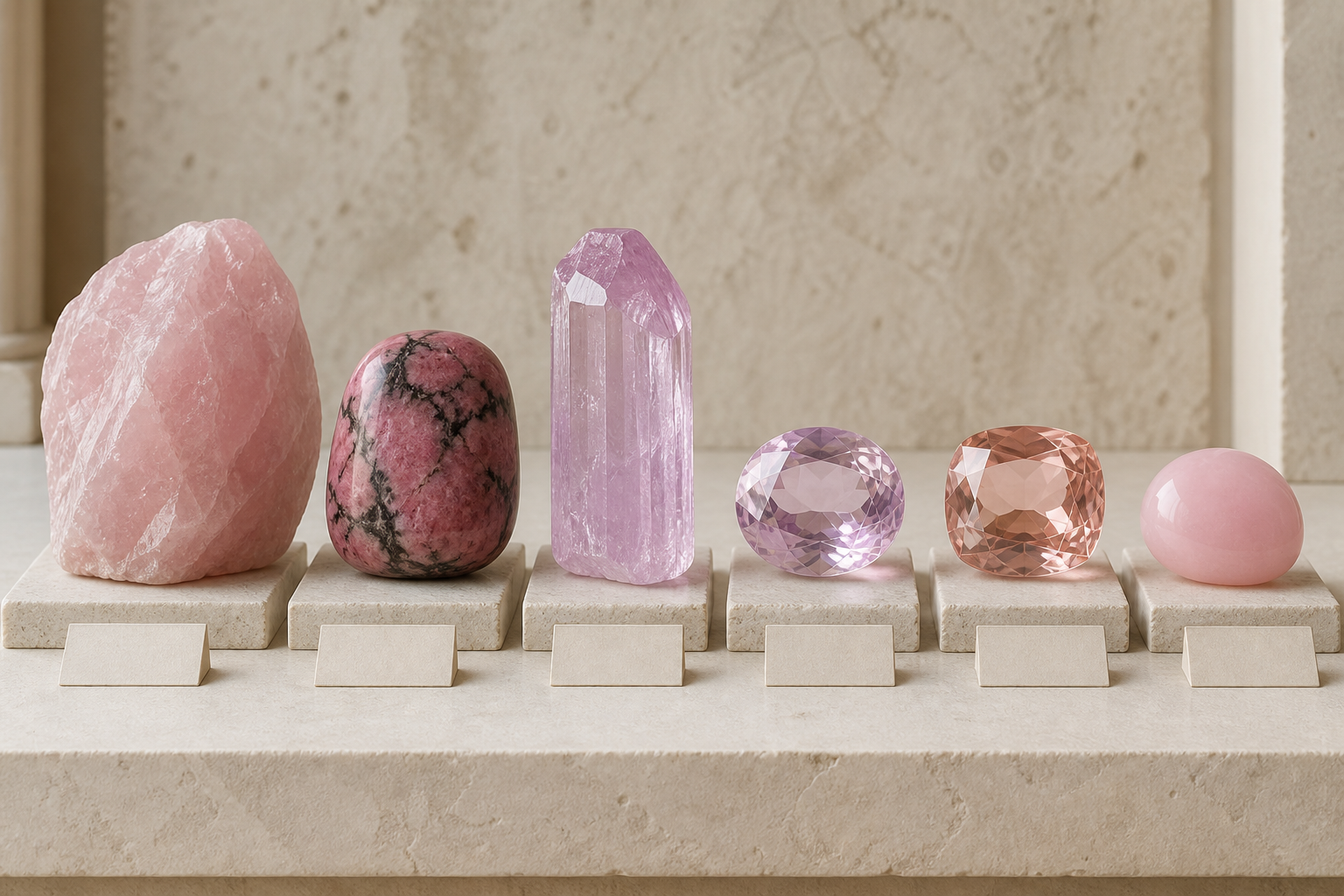 Collection de pierres roses : quartz rose, rhodonite, kunzite, morganite et opale rose