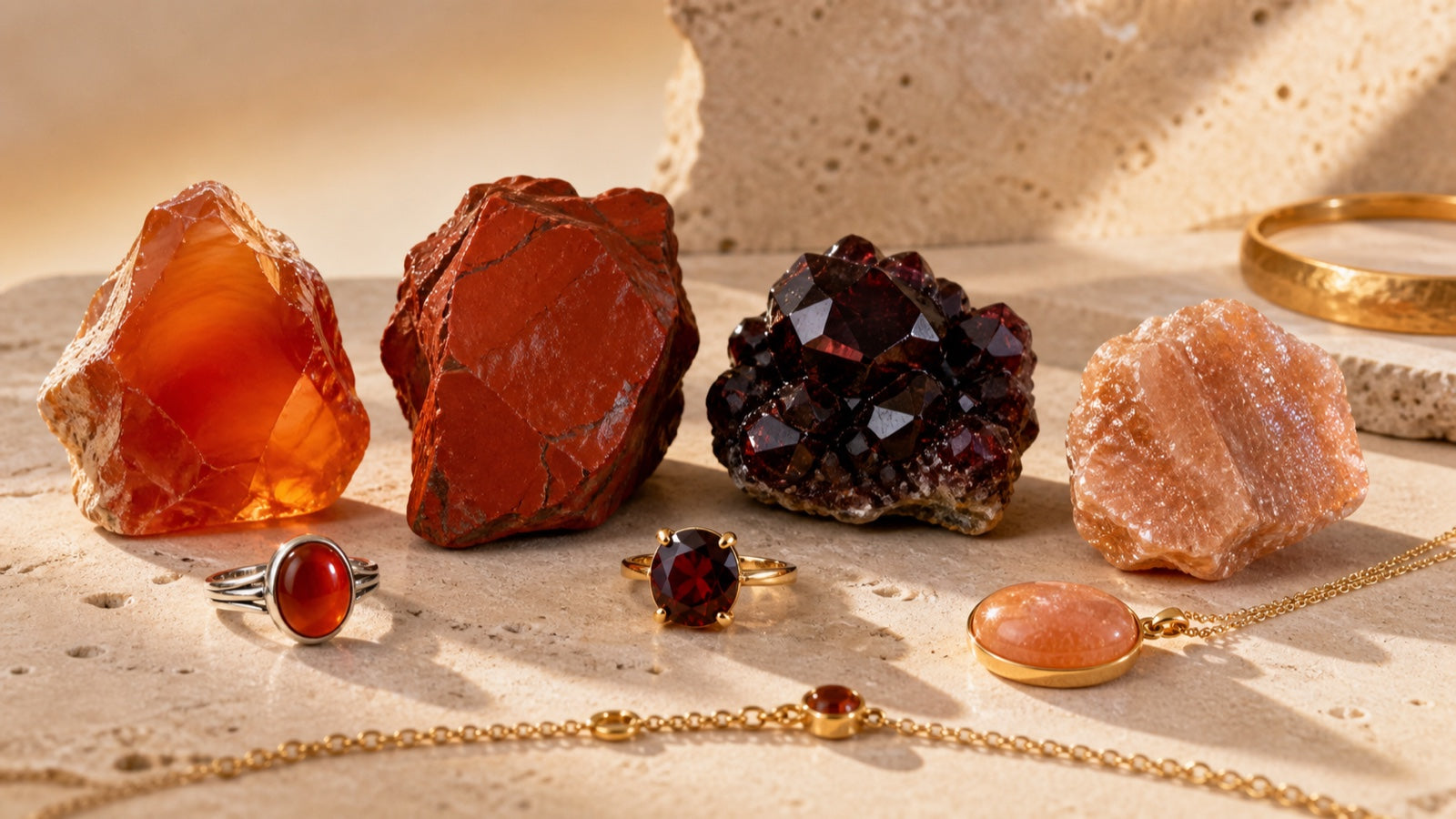 Pierres rouges et orange : cornaline, jaspe rouge, grenat et pierre de soleil