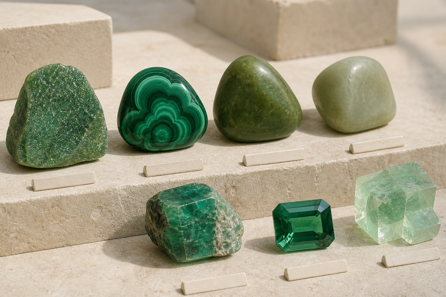 Collection de pierres vertes : aventurine, malachite, jade, émeraude et fluorite