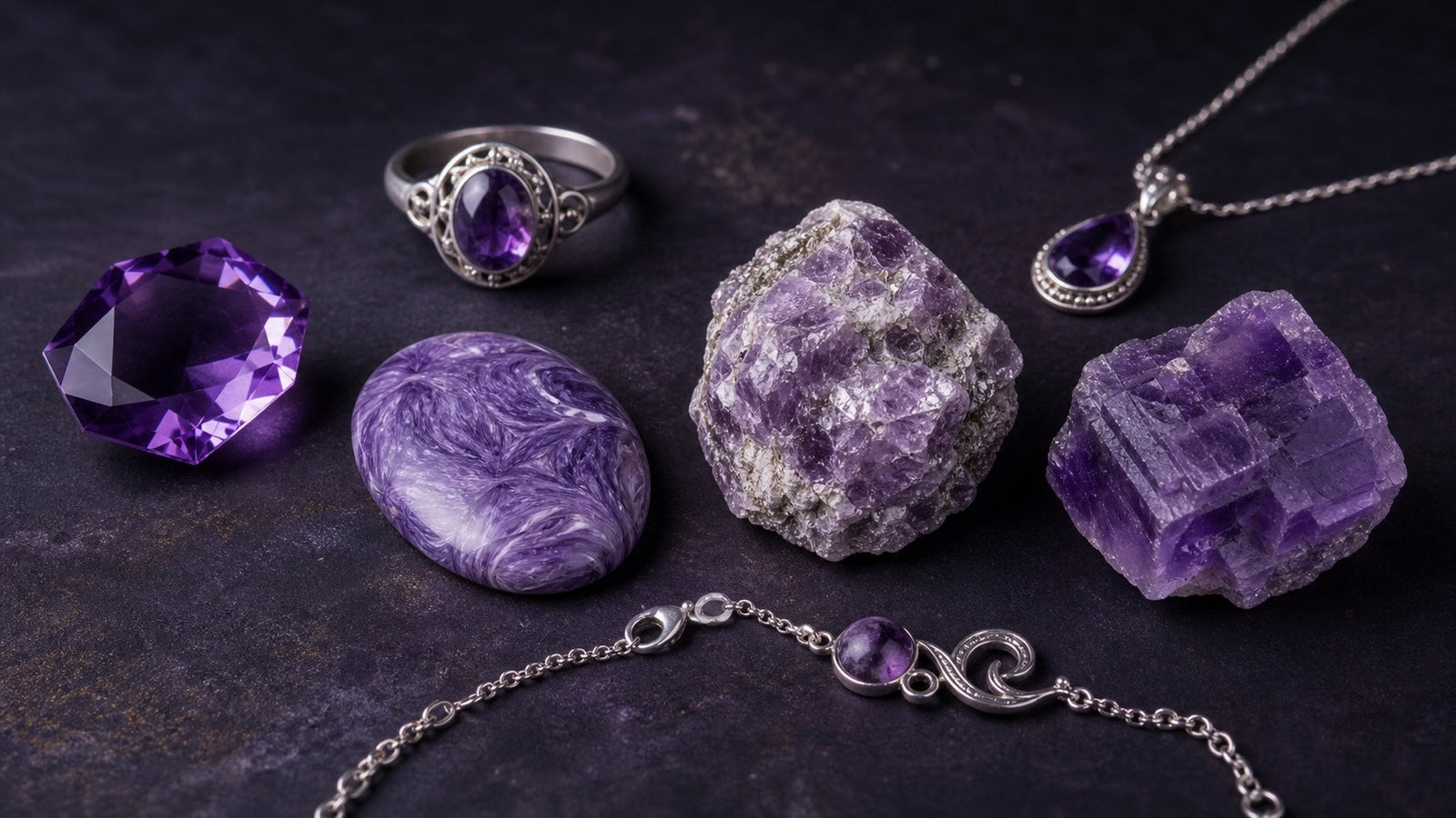 Améthyste, charoïte, lépidolite et fluorite violette accompagnées de bijoux en argent
