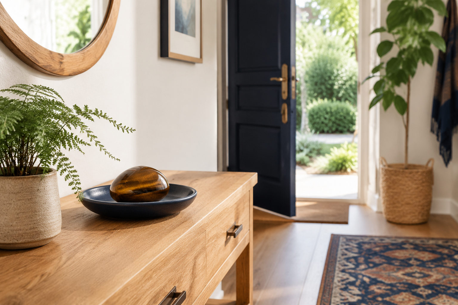 Œil de tigre posé sur une console près de l’entrée d’une maison lumineuse